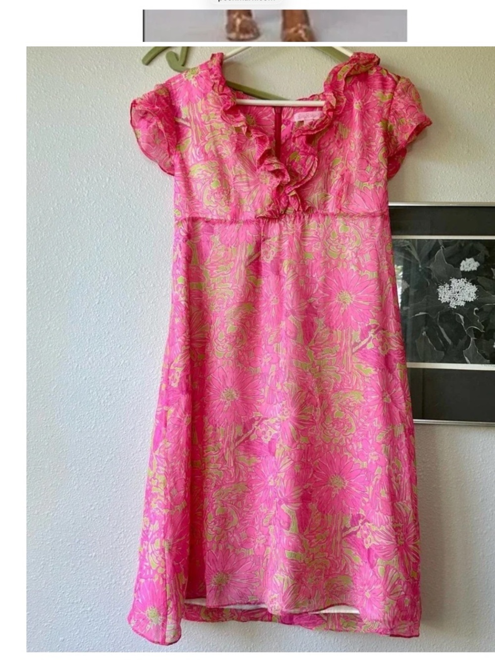 Lilly Pulitzer A Line Ruffle Neck Cap Sleeve Pink and Green Dress